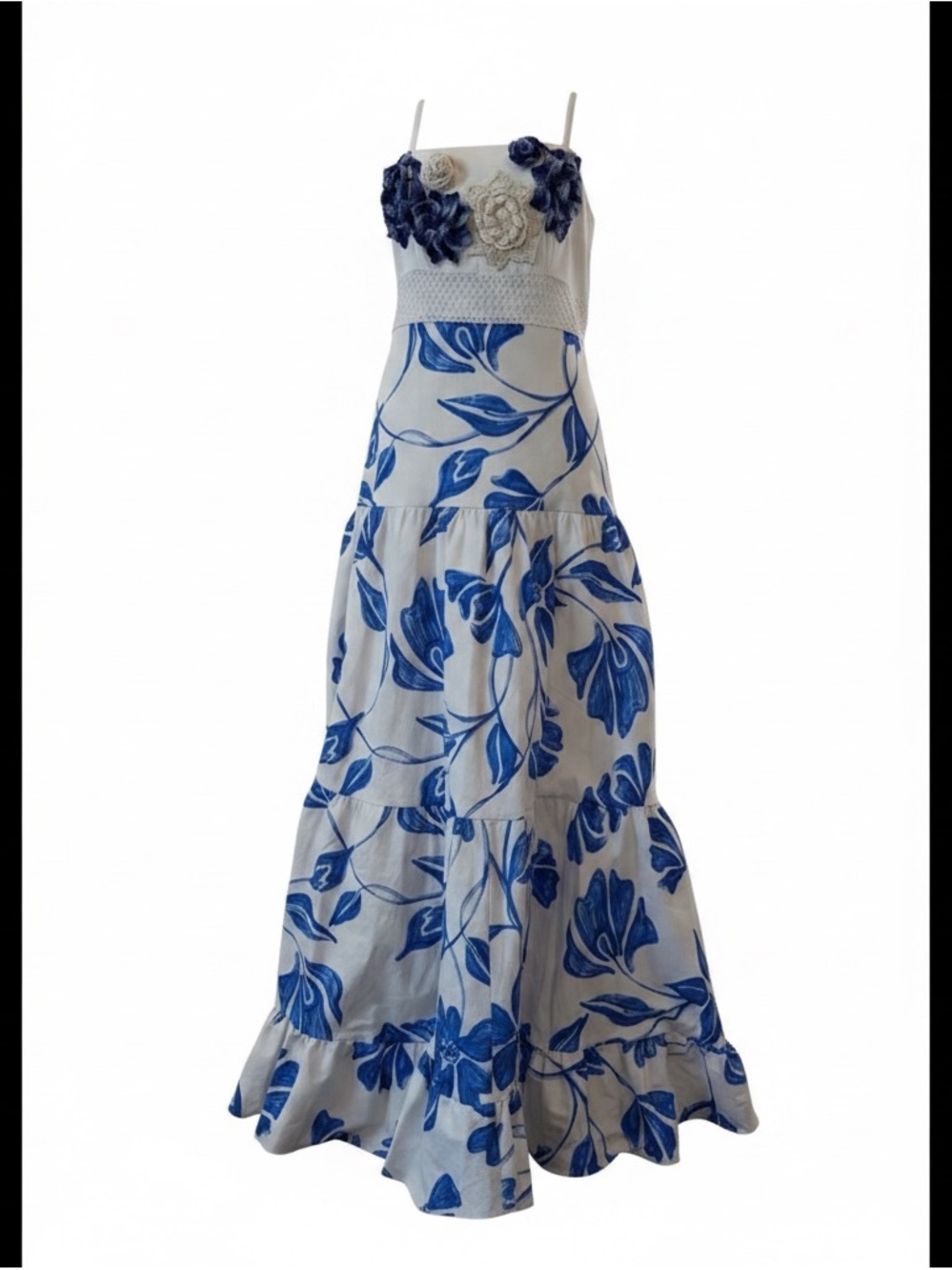 PatBO White Maxi Dress with Blue Floral Print and Appliqué